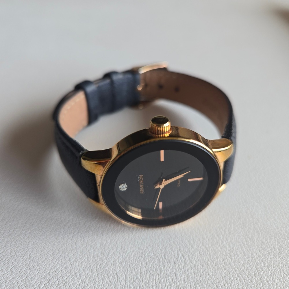 Armitron Black Dial Leather Strap Watch Diamond Accent Minimalist Classic Dainty